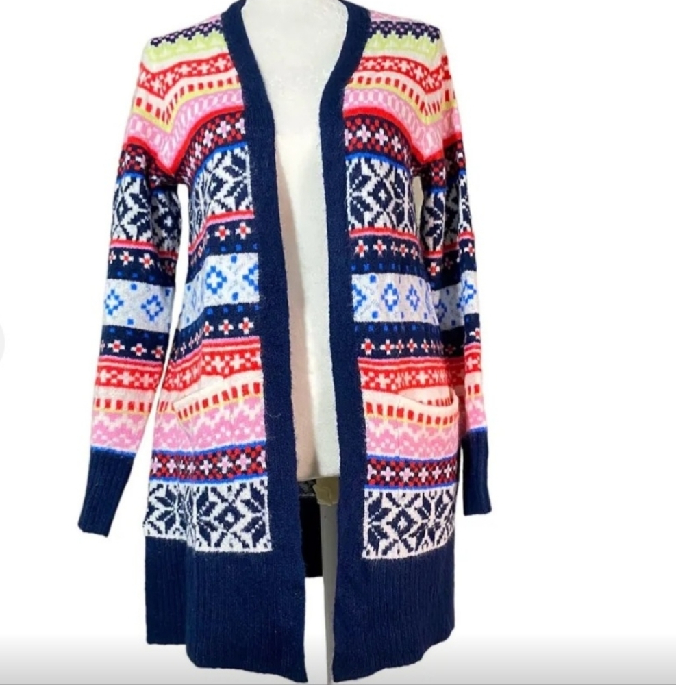 NWT Old Navy Cozy Fair Isle Long Line Nordic Duster Open Cardigan Small, multi
